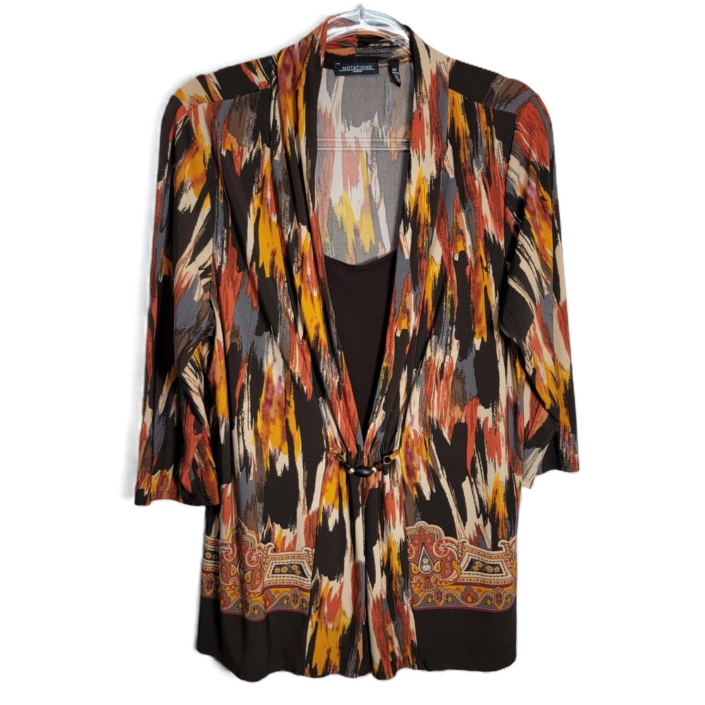 Notations‎ Woman 2X Top Brown Orange Abstract Print Beaded Draped 3/4 Sleeve